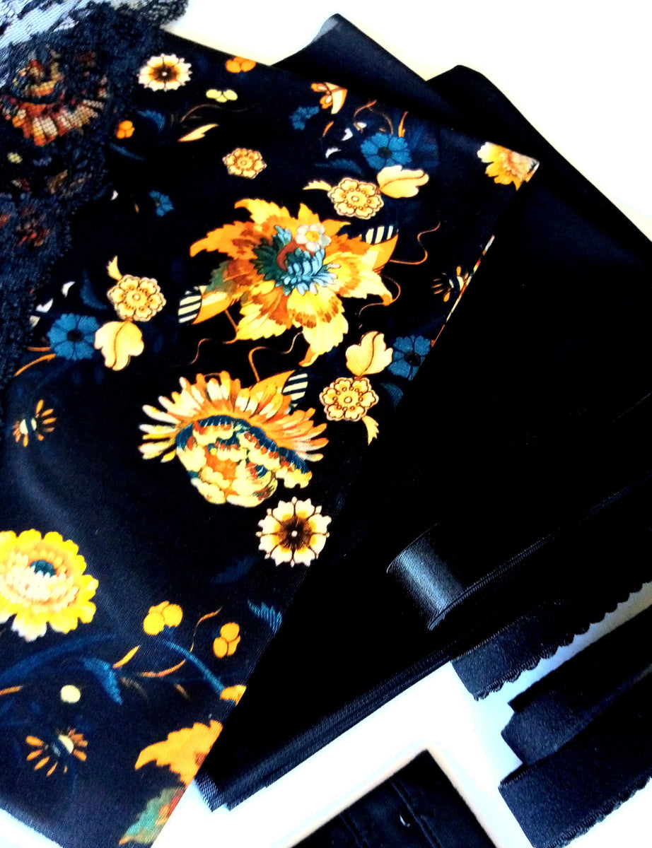DIY Bra Kit. Orange Flower Scuba Fabric. Inc Fabric and Notions. Lace