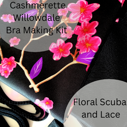 DIY Bra Kit. Cashmerette. Willowdale Bra Making Kit. Black  Floral Foil Scuba, View A