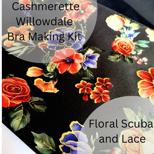DIY Bra Kit. Cashmerette. Willowdale Bra Making Kit. Black Floral Foil Scuba, View A