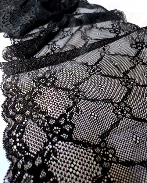 Black Embroidered Lace. Scallop Edge.  Stretch Lace. 9.25 inches | 23.5 cm wide