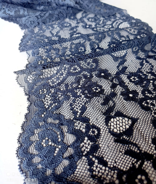 Black Embroidered Lace. Scallop Edge.  Stretch Lace. 7 inches | 18 cm wide