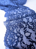 Navy blue embroidered lace. Scallop Edge.  Stretch Lace. 7 inches | 18 cm wide